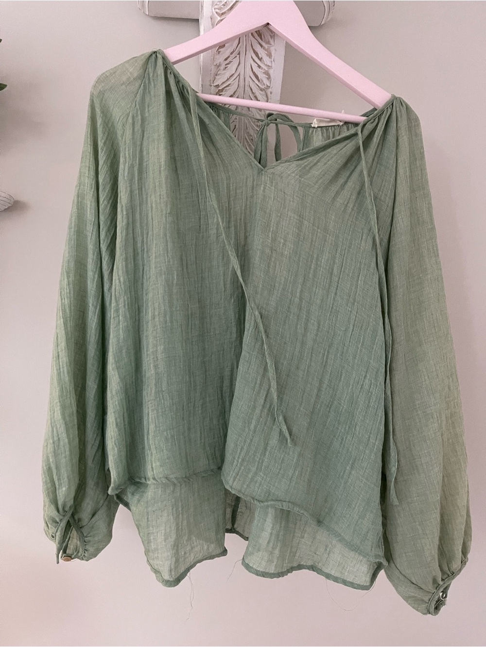THE KORNER Sage Green Lightweight Peasant Blouse - Women Tops